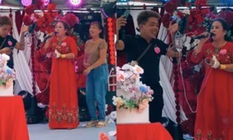 Clip dì cô dâu mang bình truyền nước lên hát đám cưới gây sốt mạng