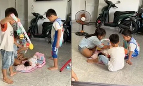 3 đứa trẻ cùng chăm em bé, dân mạng gọi là 'khối nghỉ hè ưu tú nhất năm'