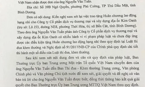 Đề nghị xét lại việc tặng Huân chương cho Công ty Kim Oanh